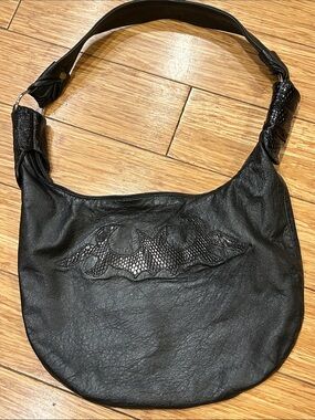Diamond Leathers Black Whimsigoth Hobo Shoulder Bag with Snake Embossed Accents